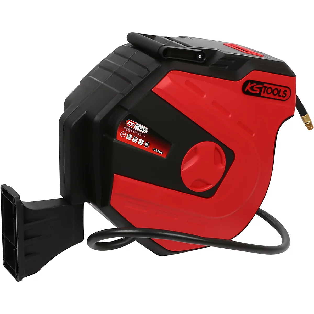 Rote und schwarze Druckluftschlauch-Trommel von KS TOOLS. Auf der Trommel ist der Markenname und Modellnummer zu sehen.